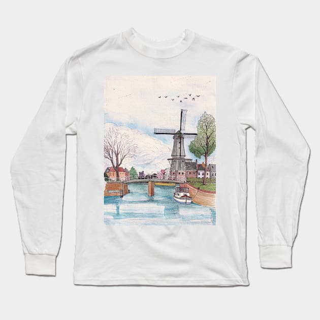 De Adriaan Windmill Haarlem Netherlands Watercolor Ink Travel Art Long Sleeve T-Shirt by Wall-Art-Sketch